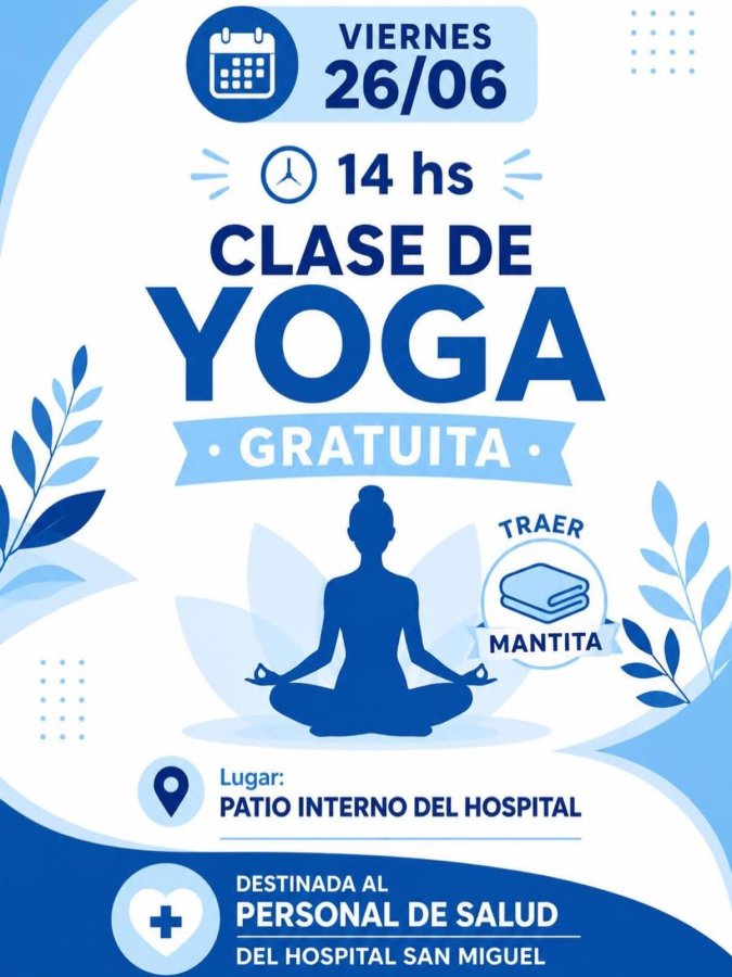 Darán clases de Yoga para el personal del hospital San Miguel. Darán clases de Yoga para el personal del hospital San Miguel.